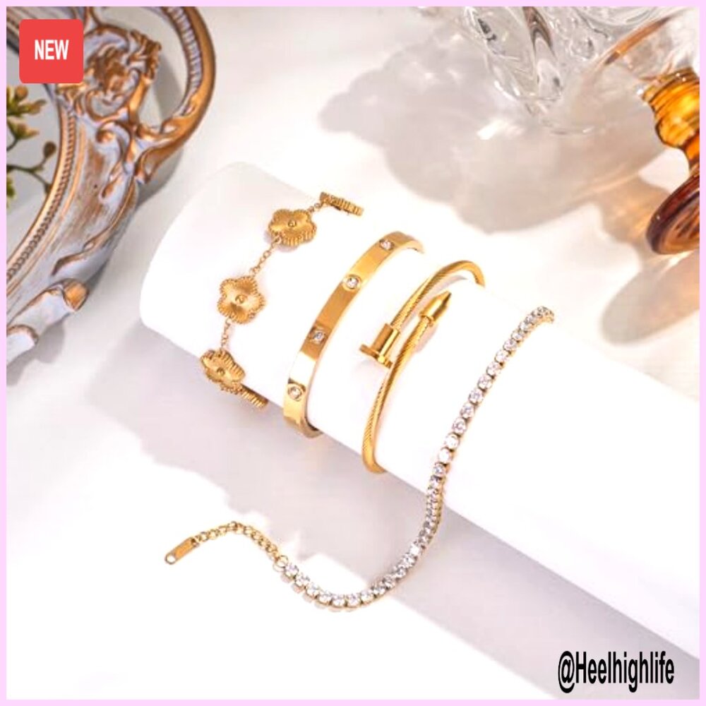 18k Gold Plated Stackable Bracelet Set, Adjustabl… - image 3